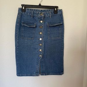 Button Up Medium Blue Wash Denim Pencil Skirt Pockets Size Medium Front Slit